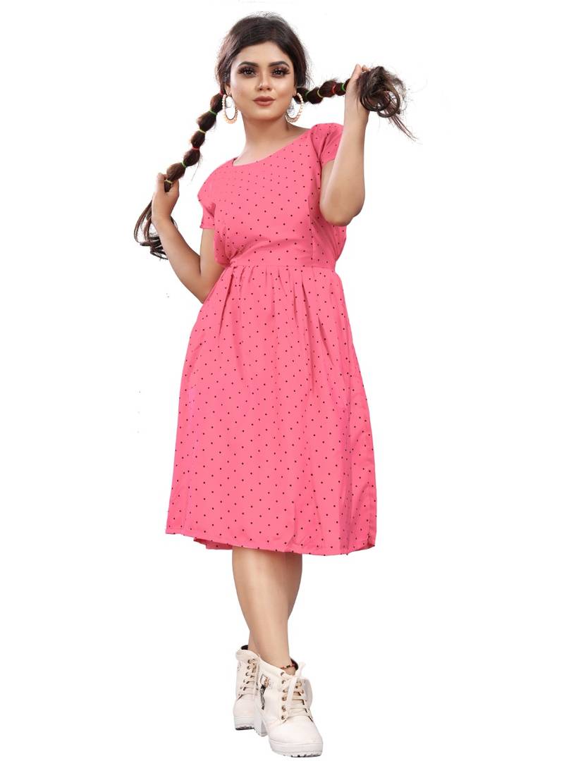 Stylish American Crepe Pink Polka Dot Print Round Neck Short Sleeves Dress For Women