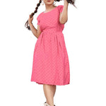 Stylish American Crepe Pink Polka Dot Print Round Neck Short Sleeves Dress For Women