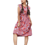 Stylish American Crepe Pink Floral Print Round Neck Sleeveless Dress For Women