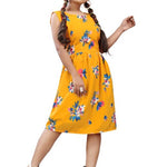 Stylish American Crepe Mustard Floral Print Round Neck Dress For Women