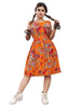 Stylish American Crepe Orange Floral Print Round Neck Dress For Women