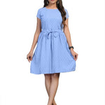 Stylish American Crepe Blue Polka Dot Print Round Neck Short Sleeves Dress For Women