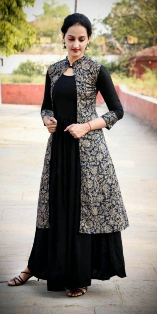 Fabulous Black Rayon Self Design Anarkali Kurta with Shrug For Women