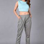 womens solid Cotton Casual ankle length pleats trouser