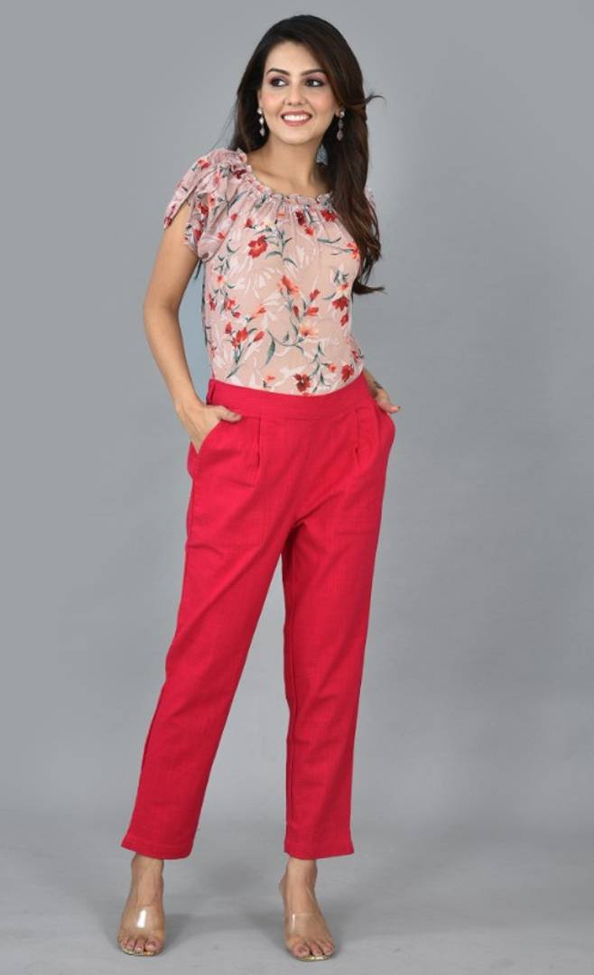 Womens Solid Cotton Slub Casual Trouser