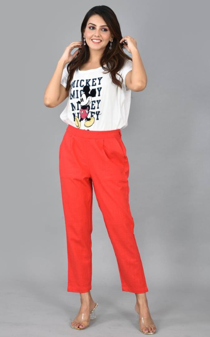 Womens Solid Cotton Slub Casual Trouser