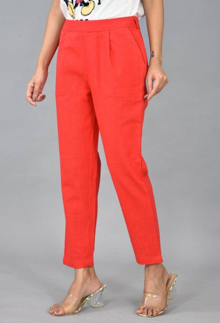 Womens Solid Cotton Slub Casual Trouser