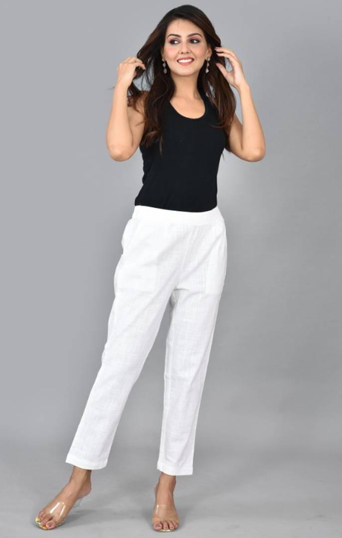 Womens Solid Cotton Slub Casual Trouser