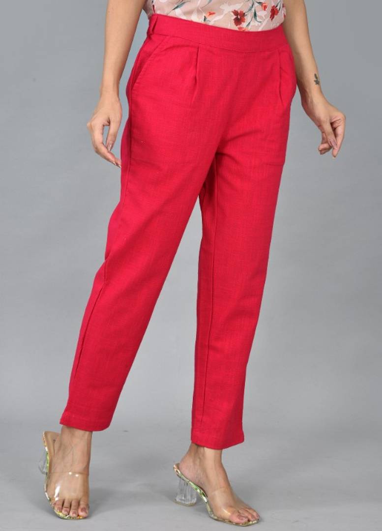 Womens Solid Cotton Slub Casual Trouser