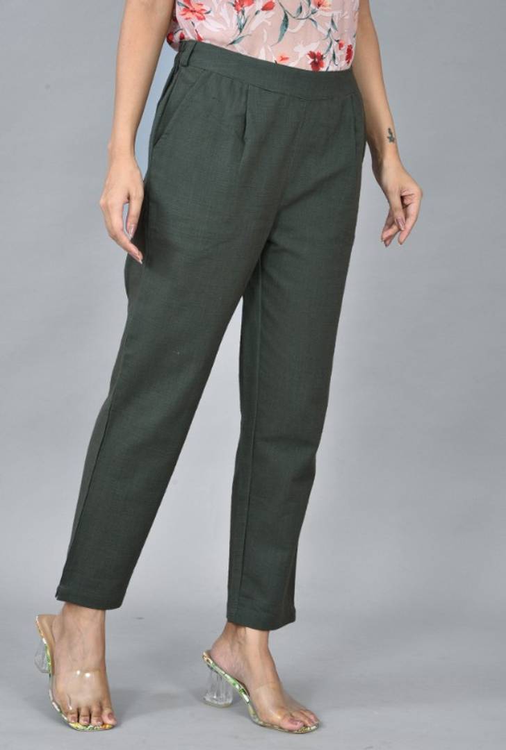 Womens Solid Cotton Slub Casual Trouser