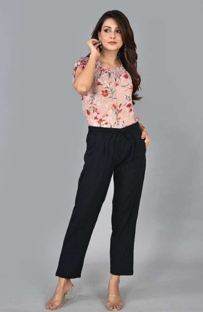 Womens Solid Cotton Slub Knot TRouser with pockets