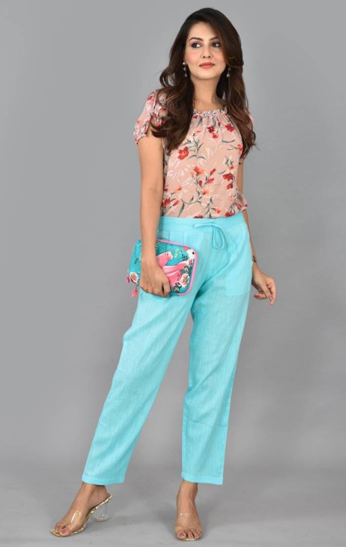 Womens Solid Cotton Slub Knot TRouser with pockets