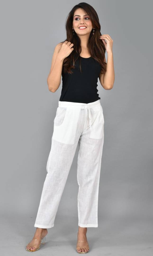 Womens Solid Cotton Slub Knot TRouser with pockets