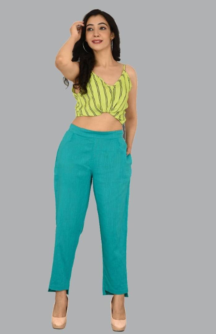 WOMENS SOLID COTTON SLUB UP AND DOWN STYLE TROUSER