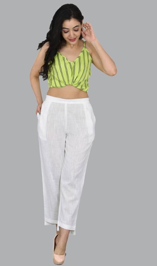 WOMENS SOLID COTTON SLUB UP AND DOWN STYLE TROUSER