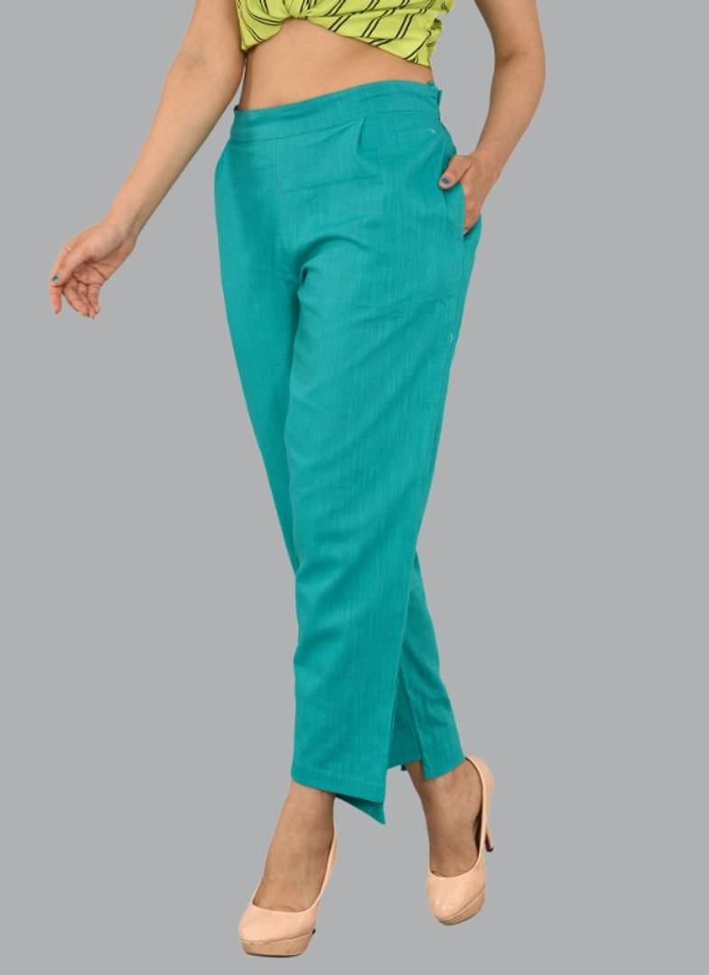 WOMENS SOLID COTTON SLUB UP AND DOWN STYLE TROUSER