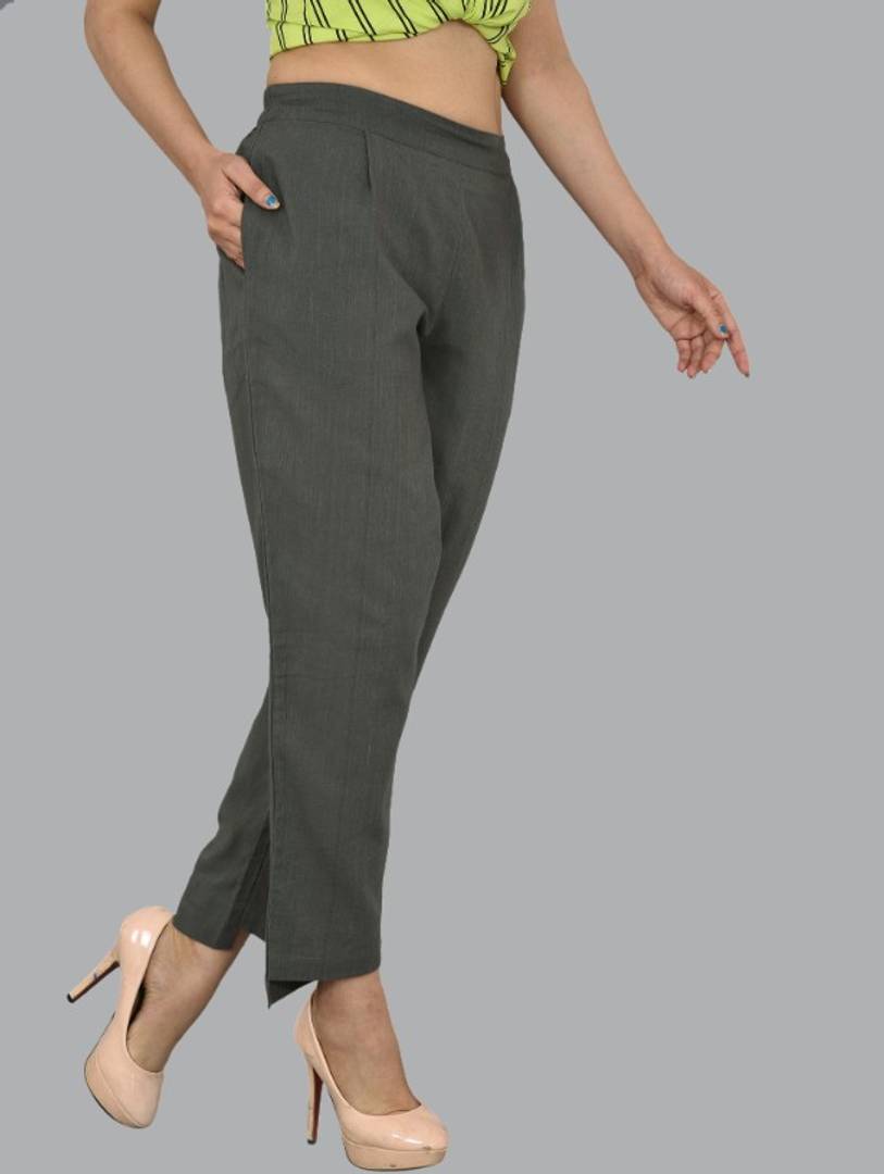 WOMENS SOLID COTTON SLUB UP AND DOWN STYLE TROUSER