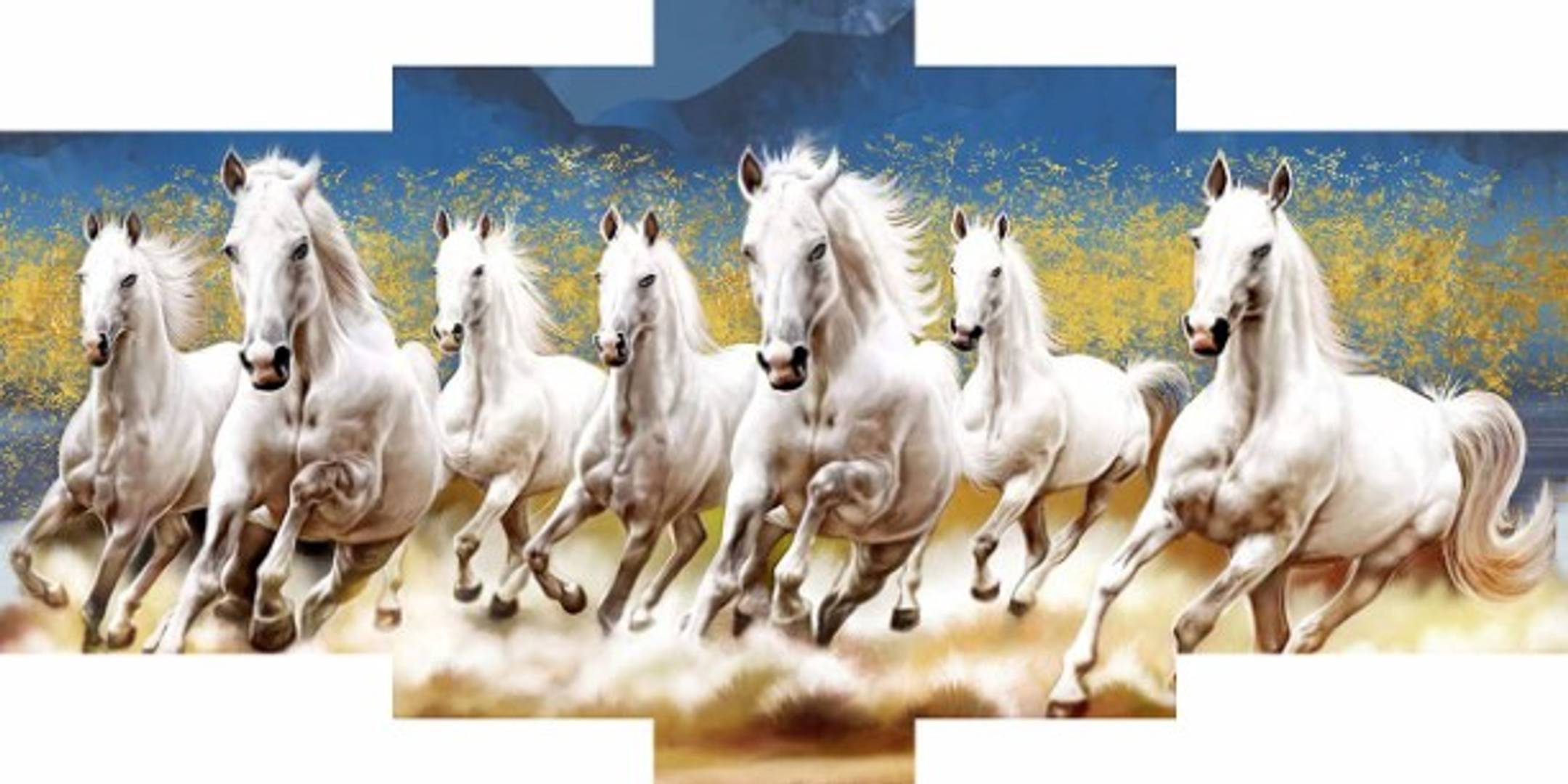 Set Of 5 Seven Running Horses Vastu Framed Wall Painting Scenery For Home Decoration