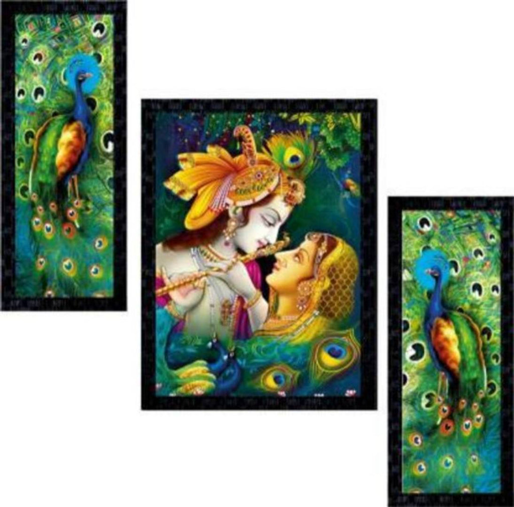 Radha Krishna Set of 3 perfect wall Framed decor painting for living room, bedroom, office, hotels ( 1 x Big Frame: 33 x 26 cm and 2 x Small Frame: 33 x 15 cm )