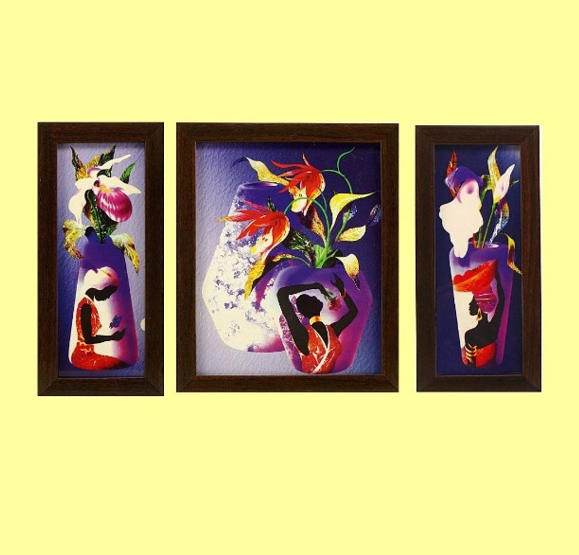 Floral Flower Vase Set of 3 perfect wall Framed decor modern Art painting for living room, bedroom, office, hotels ( 1 x Big Frame: 33 x 26 cm and 2 x Small Frame: 33 x 15 cm )