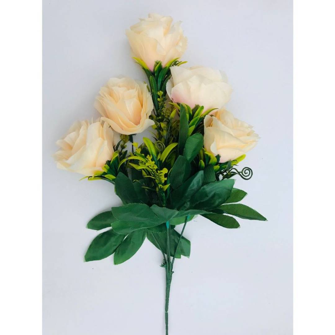 Artificial 5 Rose Plant Bunch with Leaves For Home Decoration
