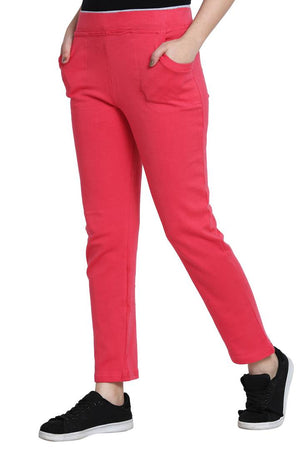 Fashionable Pink Cotton Solid Trouser For Women